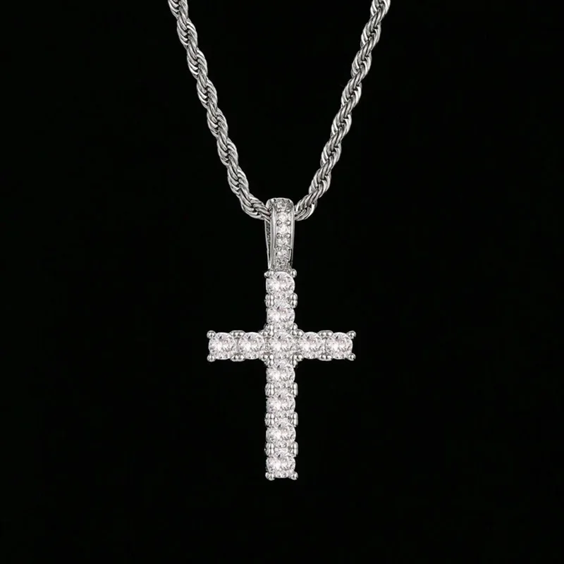Iced Out Crystal Zircon Cross Pendant Necklace Silver Plated Twisted Chain Necklaces For Men Women