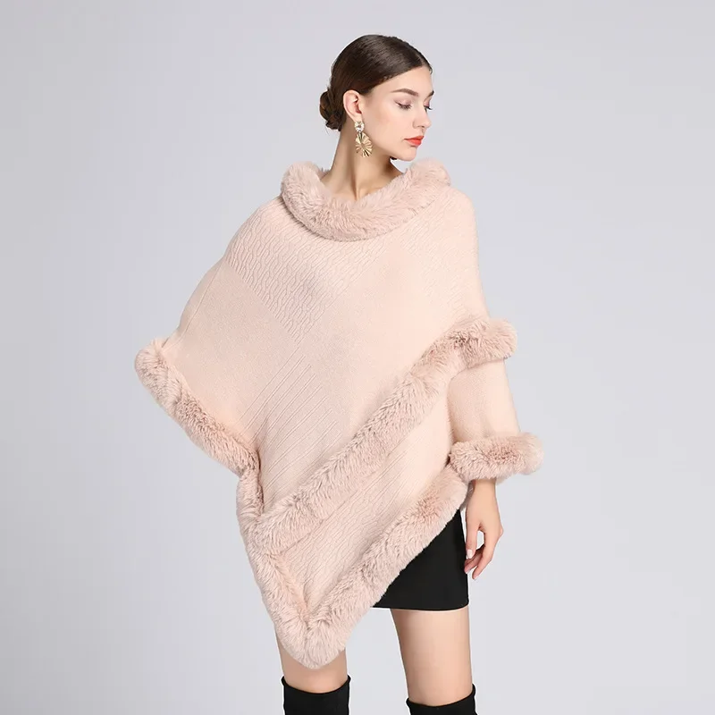 Autumn winter new imitation otter rabbit fur collar Capes Pullover Women Knit Poncho Lady Capes Beige Cloak