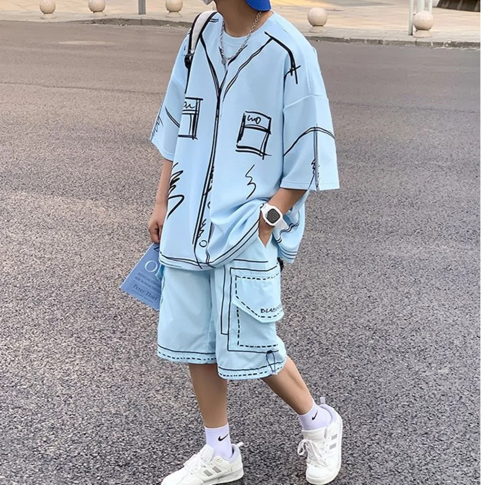 Men Cute Graffit Blouse Top Shorts Set Oversize Summer Funny Shirt Clothes Harajuku Casual Short Sleeve T-shirt 2 Piece Suits