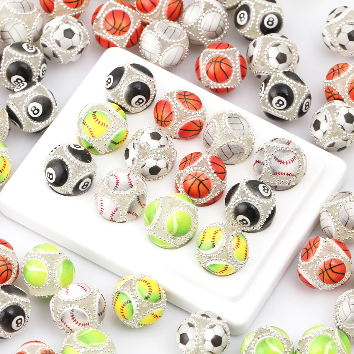 5pcs Random Color 19mm Glossy Acrylic Orbs, Sport Pattern Beads With Central Hole for DIY Handcraft Jewelry Assembly
