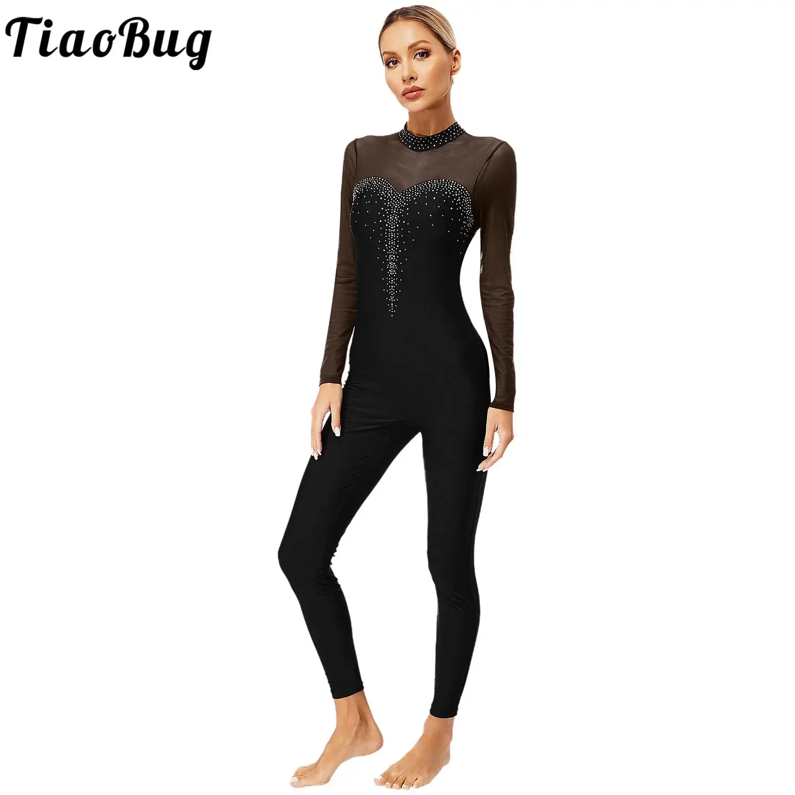 

Women Figure Skating Jumpsuit Sparkly Rhinestones Sheer Mesh Patchwork Long Sleeve Keyhole Back Leotard for Sport Competition