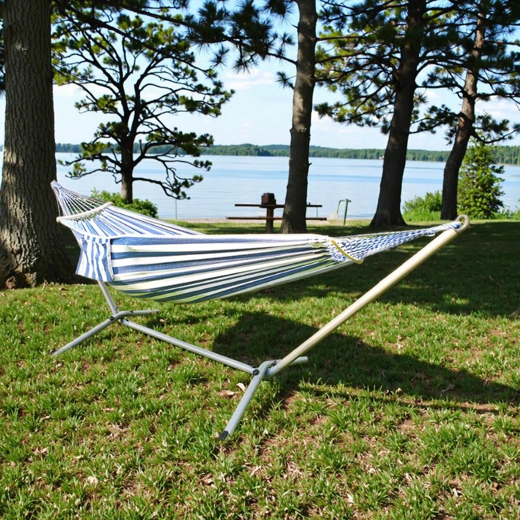 

Canvas Hammock Outdoor Camping Hiking Picnic Barbecue Casual Lightweight Easy Storage Swing Thickened Cotton Qiqiu Rack Blue