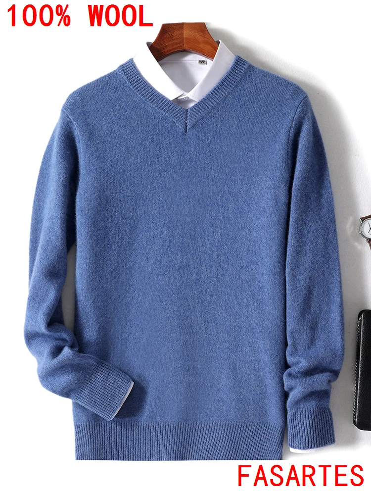 

100% Australian Wool Sweater V-Neck Pullover Large Size Cashmere Versatile Men Autumn Winter Leisure Fundamentals Knitted Top