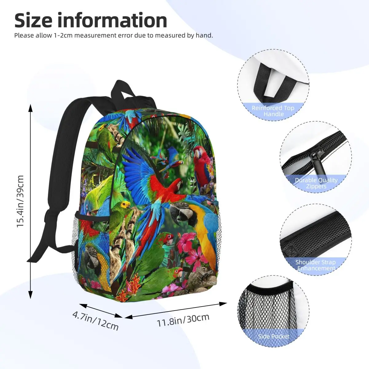 Cute Macaw Parrots Backpack Daypack Large Capacity Boys Girls BookBag Shoulder Bags for Men Women Children School Bag