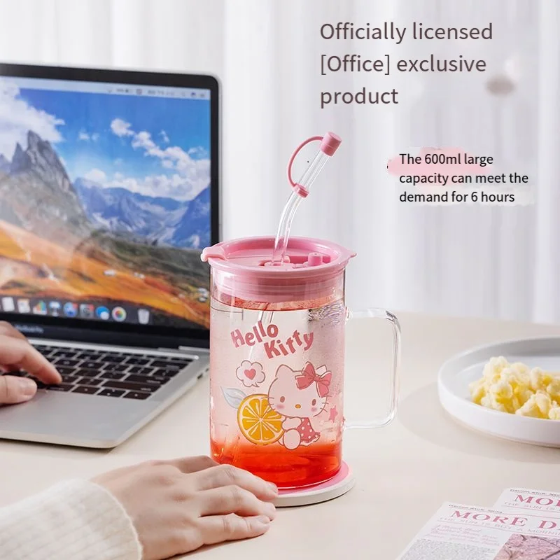 

Sanrio Cute Kuromi Glass Cup High Temperature Resistance Large Capacity Cartoon Print with Straw Anti Scalding Office Home Cup