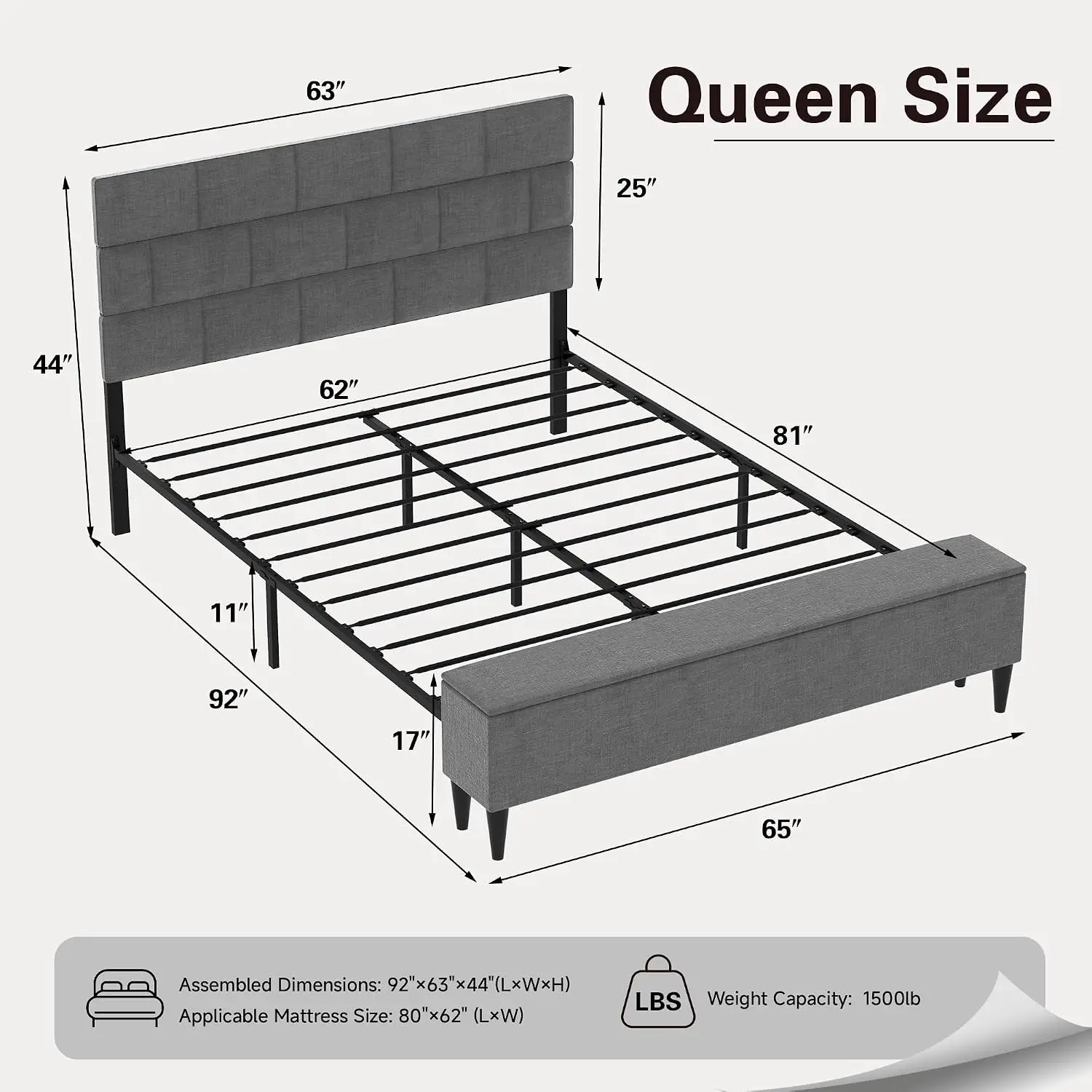 Queen Size Bed Frame with Storage Ottoman, Platform Bed Frame Fabric Upholstered Headboard, All Metal Slats, Customized - view 2