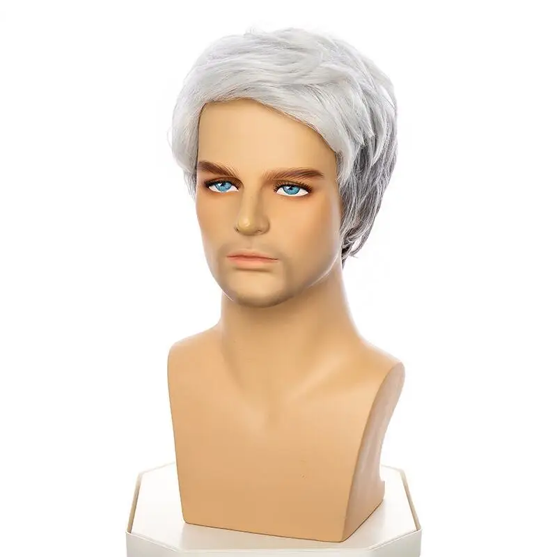 شعر مستعار اصطناعي قصير مستقيم بقص عابث رمادي وأبيض متدرج مع غرة للرجال للحفلات التنكرية اليومية شعر مستعار مقاوم للحرارة #2
