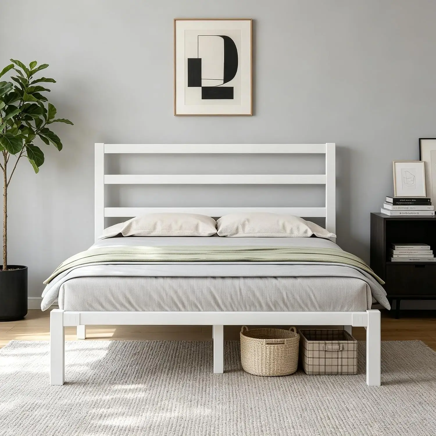 Full Metal Platform Bed Frame with Headboard & Storage, Heavy Duty Steel Slats, Noise Free, No Box Spring, Easy Assembly, Custom