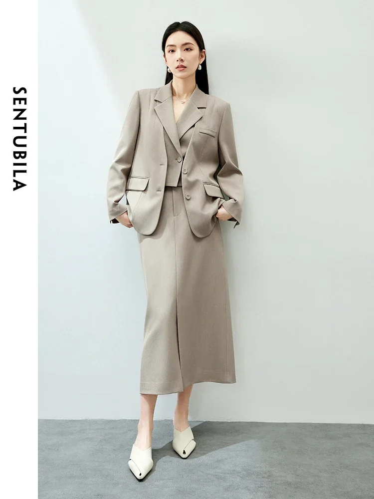 SENTUBILA Elegant Commute Straight Skirts for Women 2024 Spring Summer Office Lady Fashion Split Skirt Woman Clothing 141Q53580