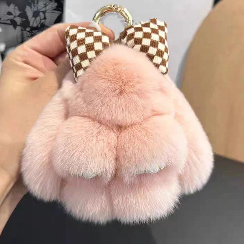 Bonito real lontra coelho com bowknot pequeno coelho carro chaveiro pingente brinquedo de pelúcia mochila decoração