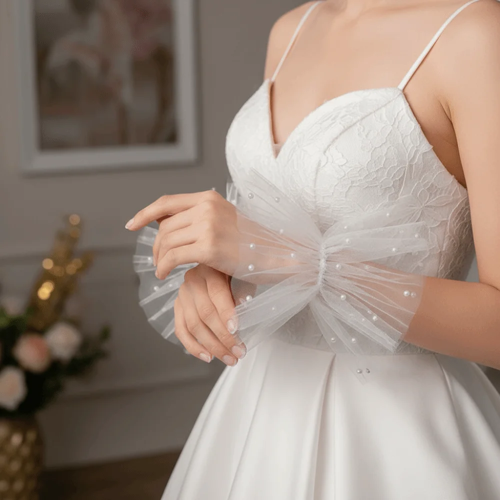 Fashion Wedding Dress Pearl Beaded Sleeves Decoration Mesh Bride Arm Sleeves Removeable Bride Sleeve Wristband Wedding