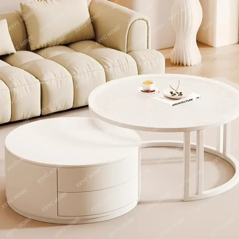 XXFactory Direct SalesModern Luxury Coffee Table Trau Round White Mobile Living Room Coffe Table Minimalist