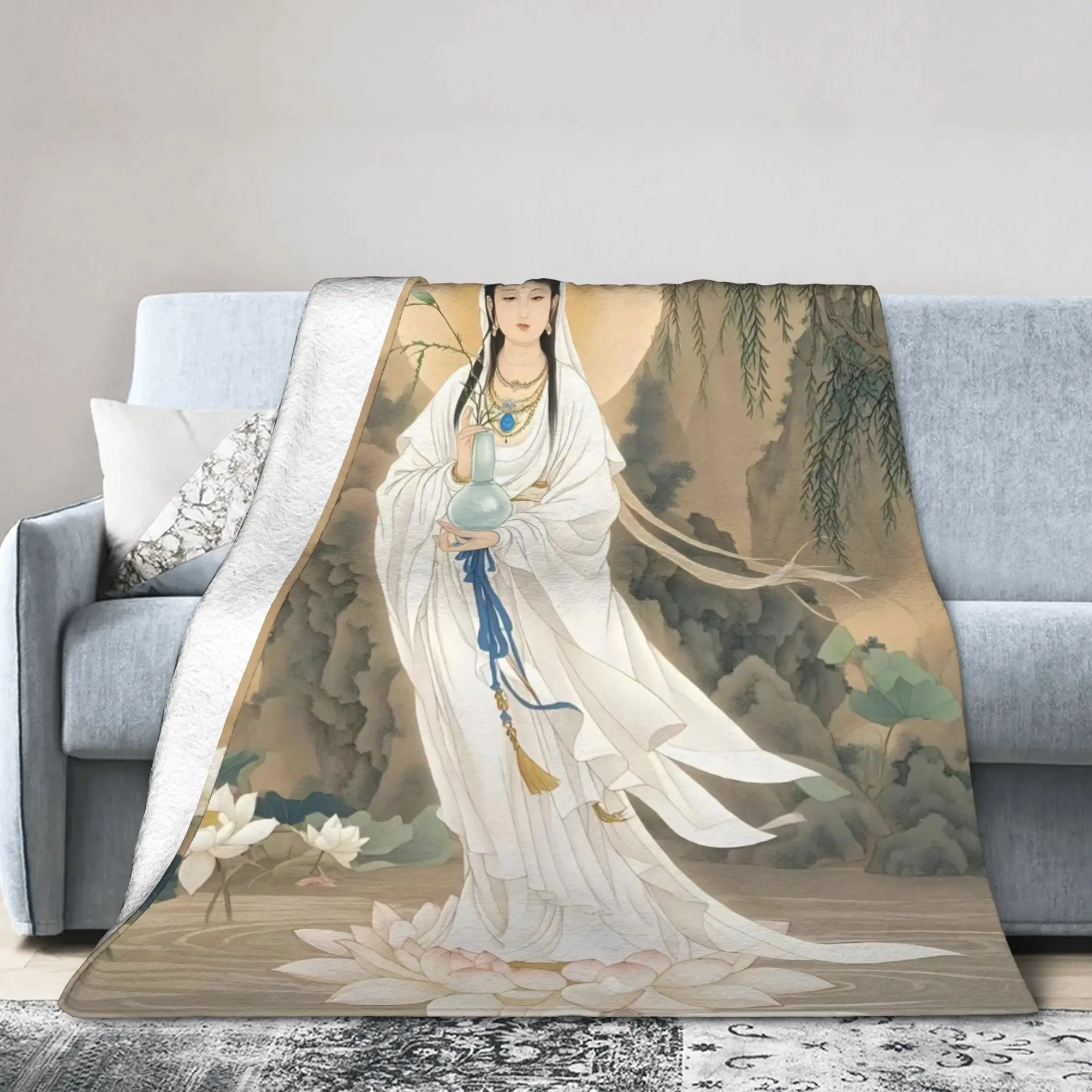 Bodhisattva Willow Branch Lotus Blanket Coral Fleece Plush Air Conditioning Buddhism Thin Throw Blankets for Home Car Quilt