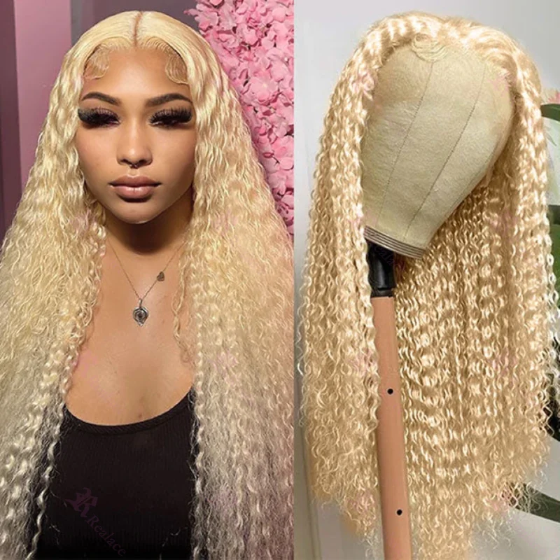 Onda Profunda Frontal Lace Wig para Mulheres, Kinky Curly Perucas, Cabelo Humano, Loira 613, 13x6 HD, Escolha Cosplay, 13x4