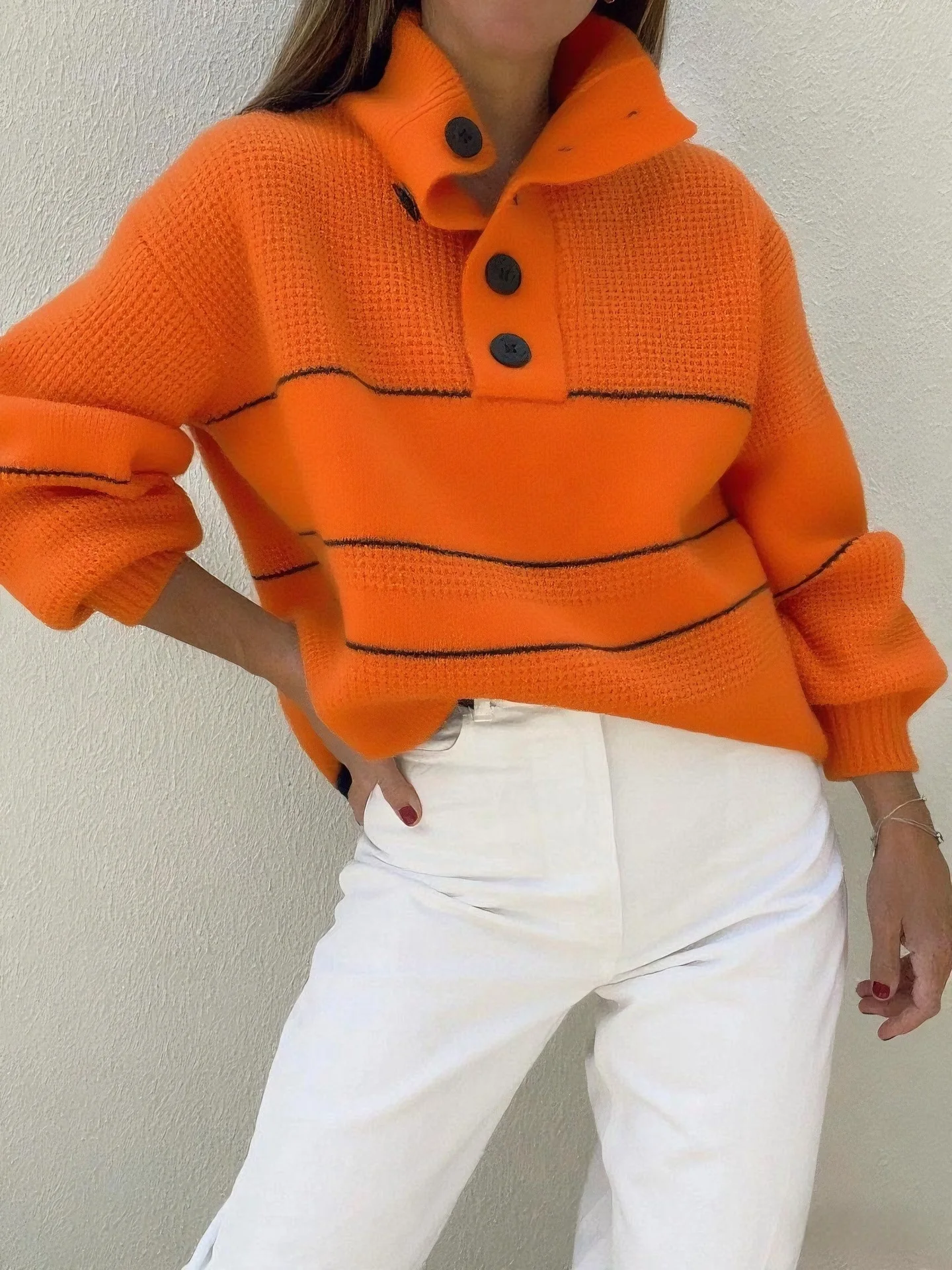 

Повседневная вязаная рубашка-поло, женская осенне-зимняя новая полосатая рубашка на пуговицах с лацканами и длинными рукавами, модный женский пригородный пуловер