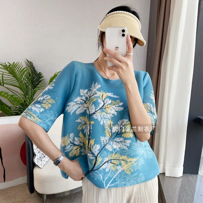 

YUDX Spring Summer Miyake Pleats 2023 New Chinese Style Palace Retro Fashion Print Tops Loose Short-sleeved Loose In The Sleeve