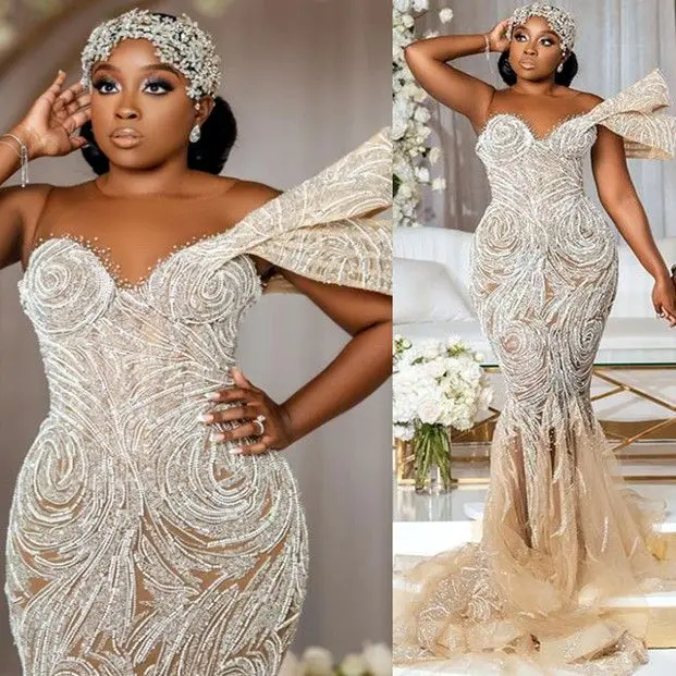 Customized Plus Size Champagne Mermaid Wedding Dress Beaded Sequined Lace Bridal Gowns Dresses