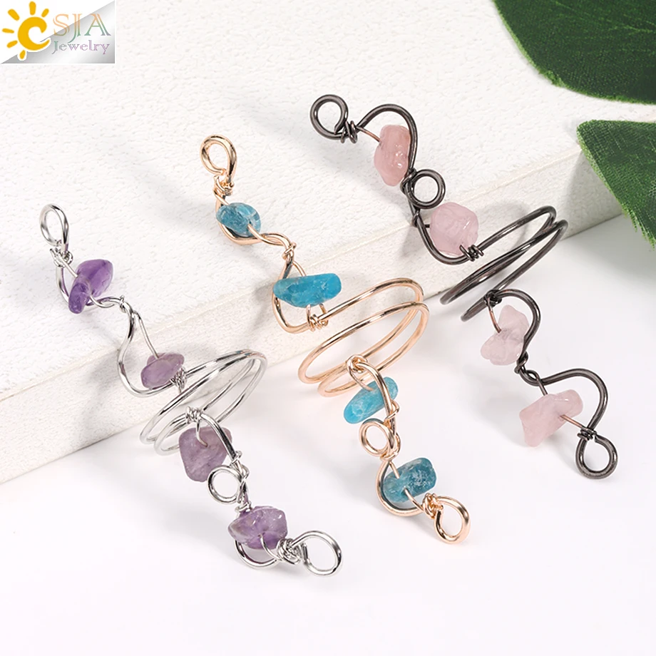 CSJA 7 Chakra Crystal Ring Natural Stone Wire Wrapped Chip Beads Pink Quartz Finger Rings Jewelry for Men Women Jewelry H331