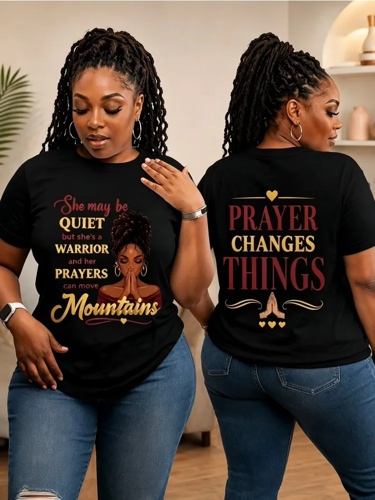 A White Short Sleeved T-shirt with Printed Prayer Words on The Mountaintop for Women, Featuring A Minimalist Religious Style