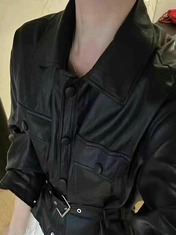 

Ele Vintage Bla Leather Jaet Women's Long Sve Waist-Cinching Unique Design Spring 2025 Faion Commute Sle