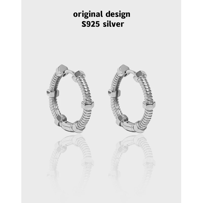 

S925 sterling silver hexagonal screw textured earrings for women's classic luxury party fashion jewelry gifts