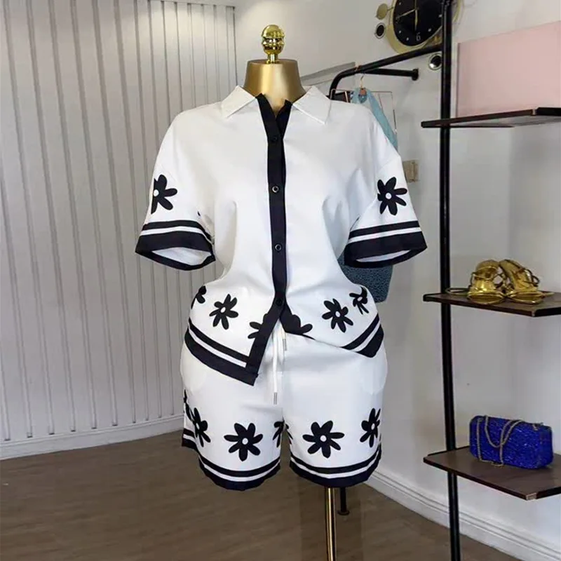

Shorts Pant Set Women Two Piece Sets Turn Down Collar Shirt Tops Short Pants High Waist Y2k Streetwear Print Foral Work 2025
