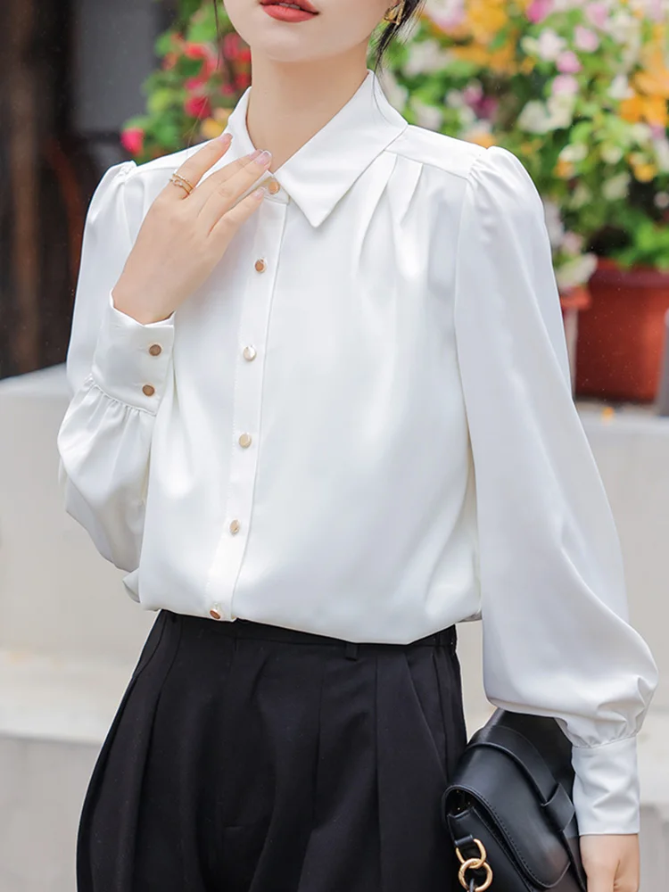 

QOERLIN Women's Button Down Shirt Classic Long Sleeve Collared Tops Work Office Chiffon Blouse Elegant White Shirt Bussiness Top