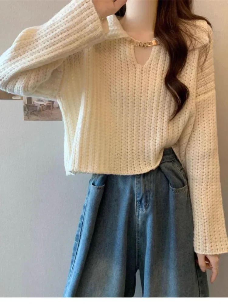 Jersey corto holgado de manga larga con cuello vuelto, Jersey informal de moda dulce, prendas de punto de viento para Otoño e Invierno 2025