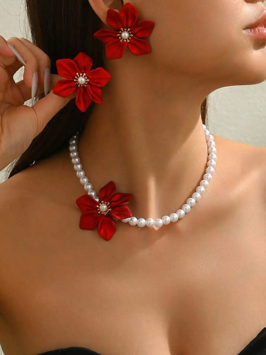 3pcs Elegant Necklace + Earrings Jewelry Set, Romantic French Palace Style, Faux Pearl, 3D Red Woven Acrylic Flower Design, Suit view 2