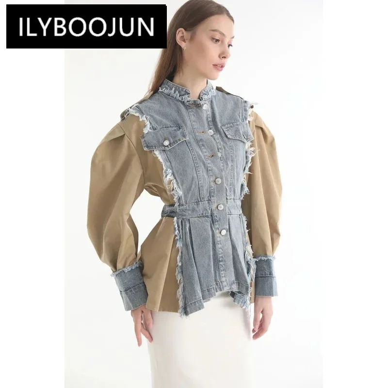 

Getspring Women Coat Denim Jacket Stitched Puff Sleeve Color Matching Single Breasted Ladies Jean Fashion Autumn Female Tops