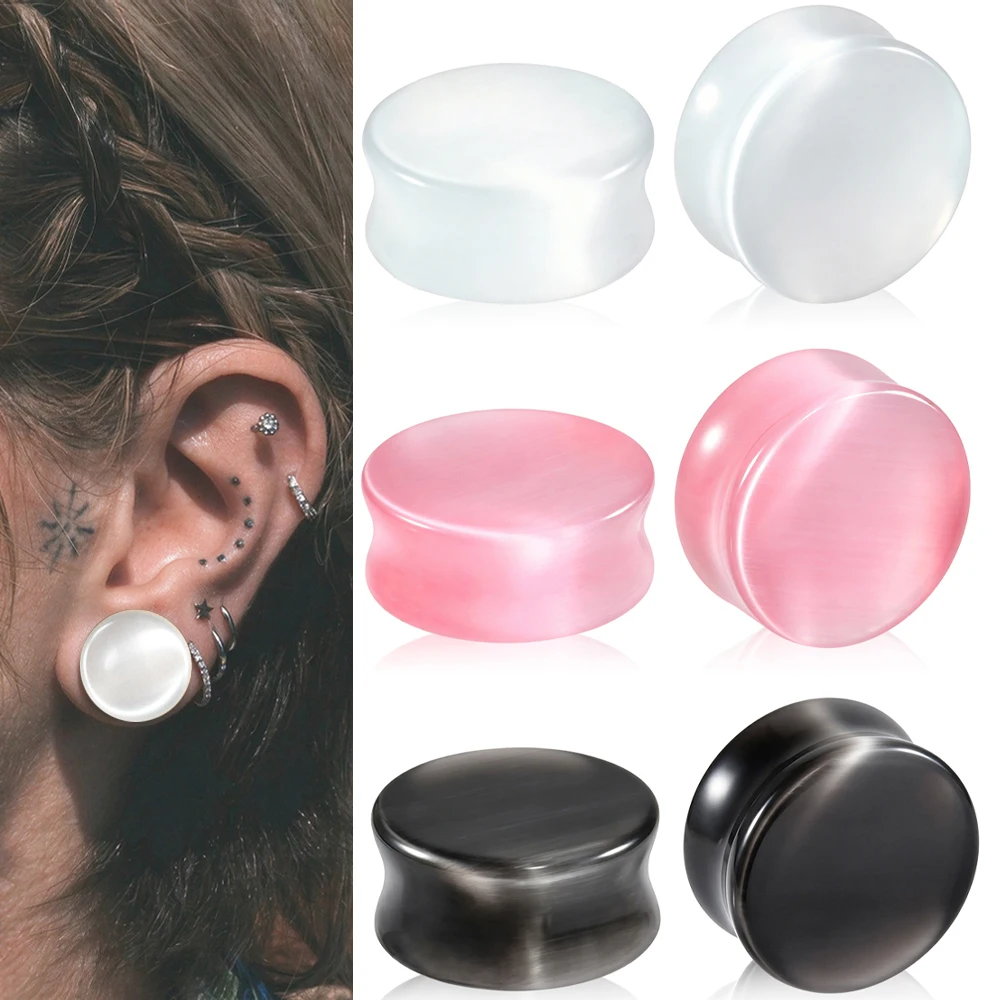 Cat's Eye Stone Ear Plugs Tunnel Double-Flared Ear Gauges Expander Solid Cat Eye Stone Ear Stretcher Plug Piercing Body Jewelry