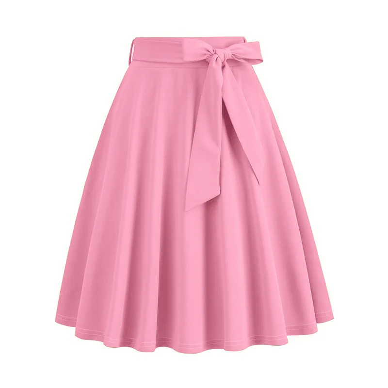 

Women Skirt A-line Big Swing Belted Tight Waist Bow Decor Solid Color High Waist Ruffle Summer 2025 Party Midi Skirt