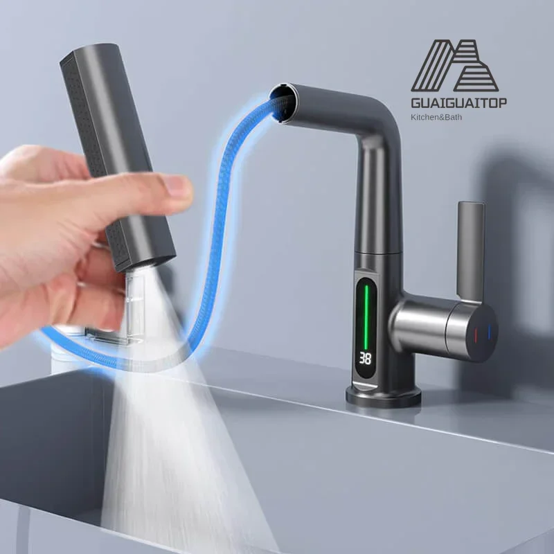 Temperature Display 3 Modes Stream Sprayer Hot Cold Water Pulling Lifting Digital Display Faucet Waterfall Basin Sink Faucet