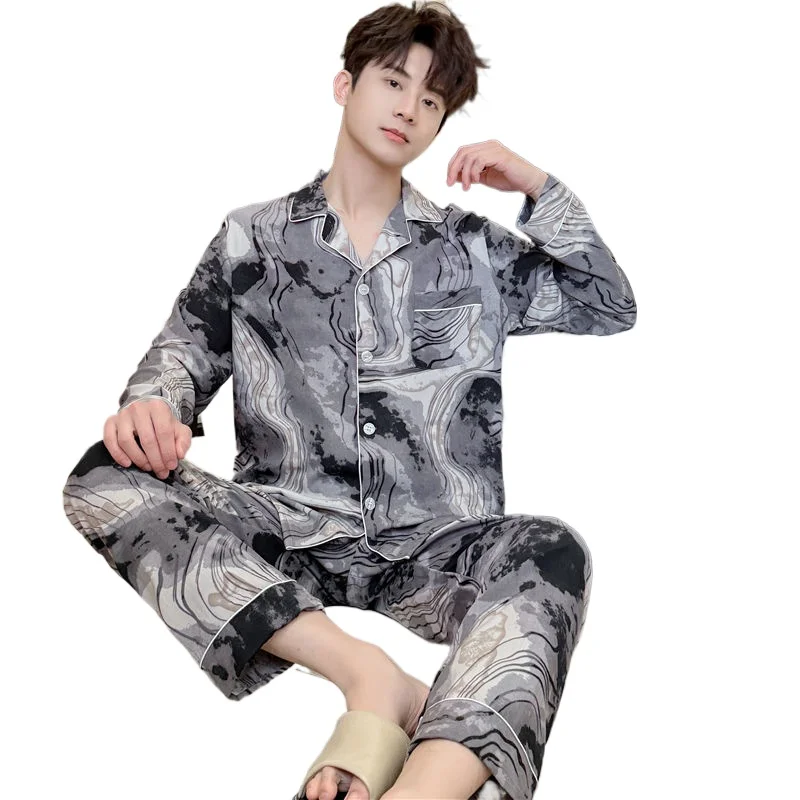 

Long-sleeved Cotton and Silk Pajamas Spring Autumn Large-size High-end Men's Summer Lapel Loungewear Suit Can Be Worn Outside