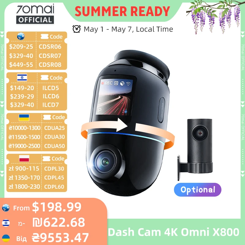 Global Version 70mai Dash Cam 4K Omni X800 360° Rotating Dual
