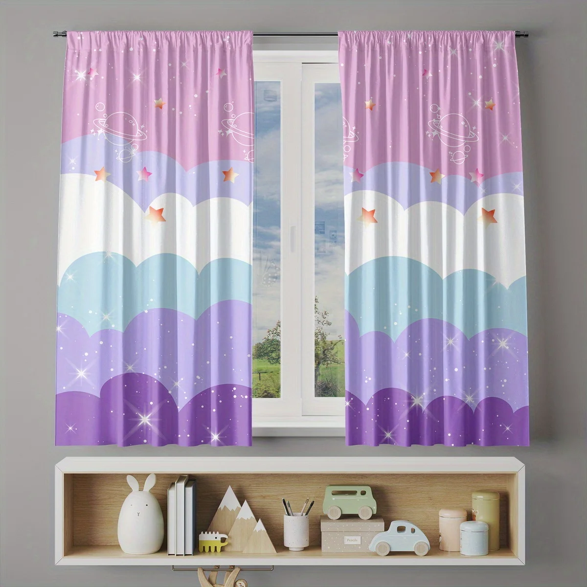 Nursery Rainbow Curtain Panels for Kids Bedroom Window Curtains Pastel Gradient Dreamy Stars Zipper Curtains Lightweight Window