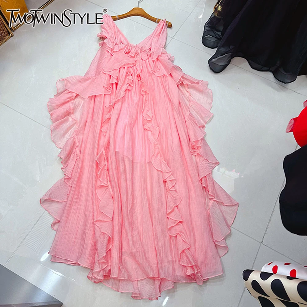 TWOTWINSTYLE شاطئ نمط فساتين ضئيلة عادية للنساء الخامس الرقبة أكمام عالية الخصر الحلو فستان طويل أنثى موضة KDR538033 #1