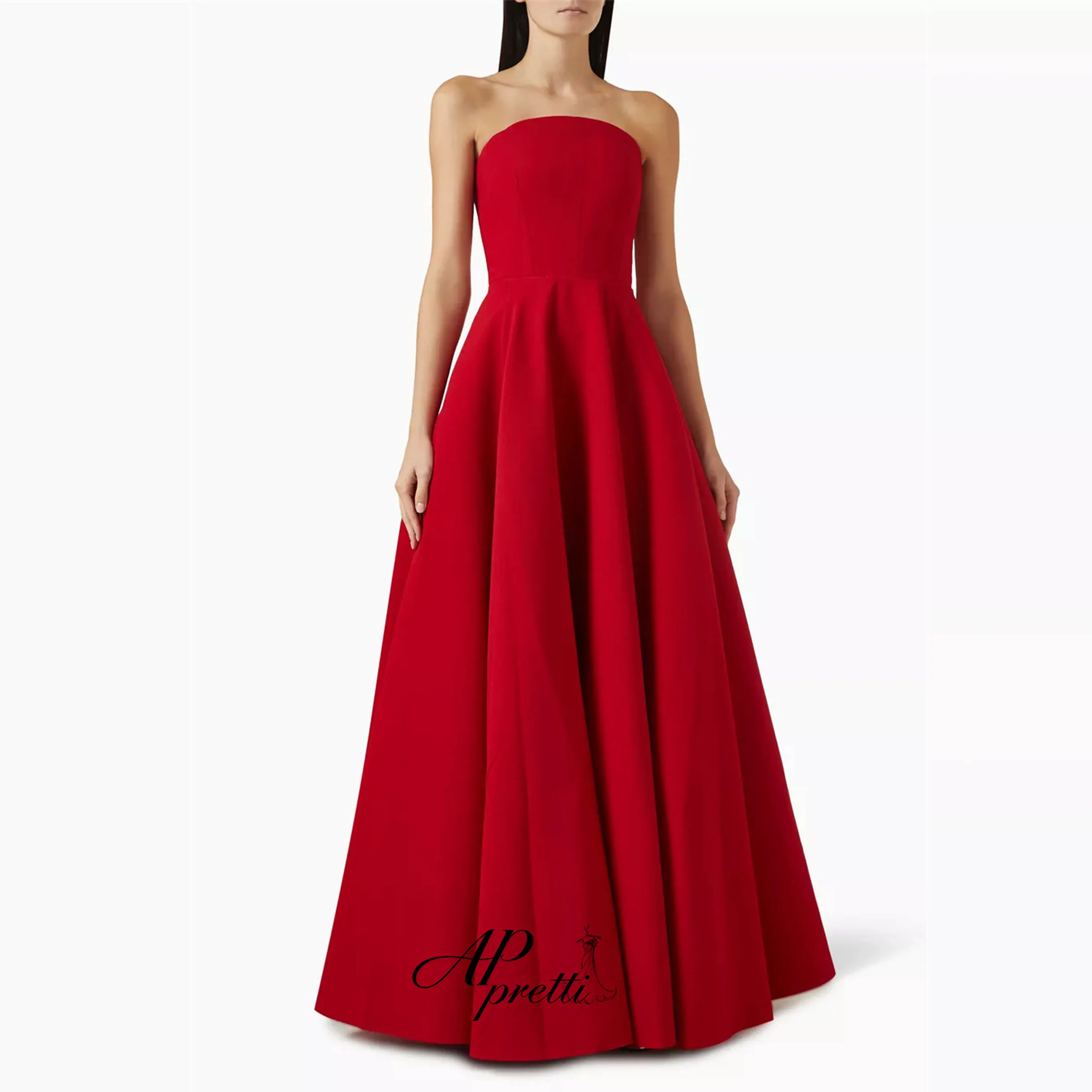 AP pretti Classic Red Strapless Satin Evening Dress Customized Simple Sleeveless Fitted A Line Floor Length Formal Party Gown
