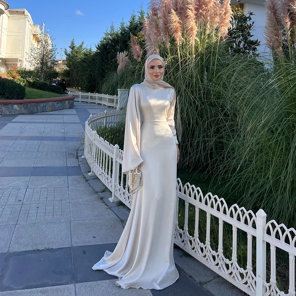 

Modest Evening Dresses Hijab High Collar Long Flare Sleeve Prom Dress Muslim Wedding Guest Dress Customized robes de soirée