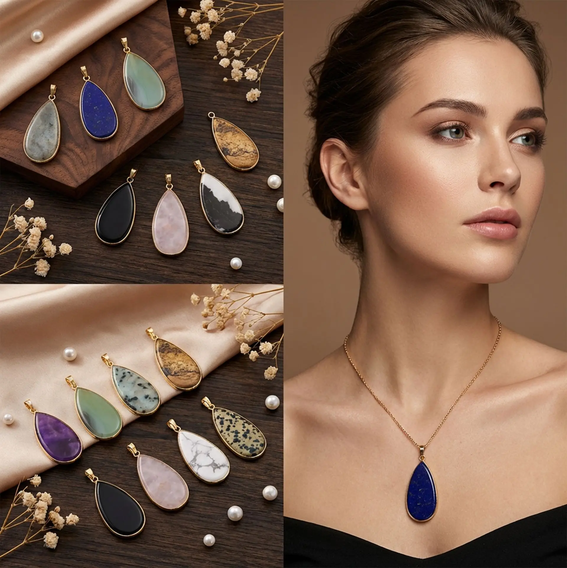 

Teardrop Natural Stone Pendants, Gold Plated Mixed Gemstone Charms for DIY Jewelry Making Necklace