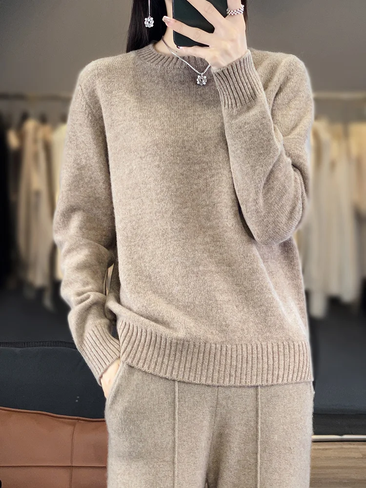 

100% Merino Wool Women's Pullover Sweater Round Neck Autumn Winter Thick Warm Casual Base Knitted Cashmere Sweater