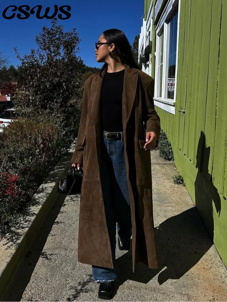 

Solid Suede Long Coat Women Double Breasted Turn-down Collar Long Sleeve Outwear 2025 Autumn Winter Fashion Streetwears Lady