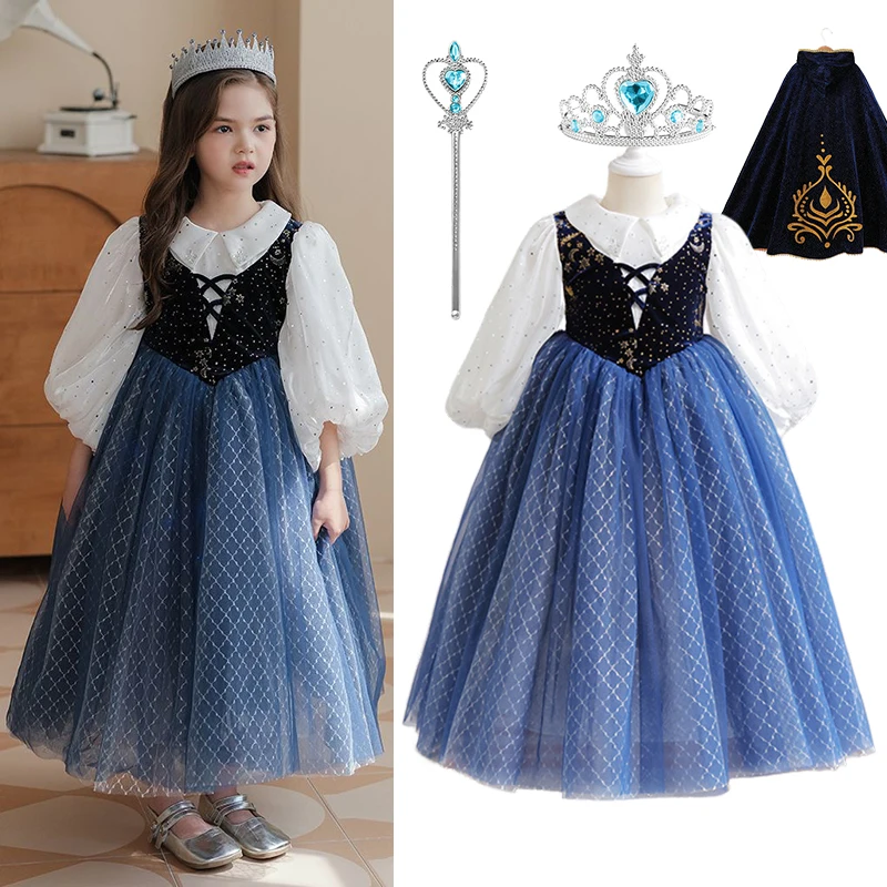 

2 to 8 Years Korean Children Cosplay Anna Princess Party One Piece Dress for Girl Fluffy Snow Queen Masquerade Halloween Costume