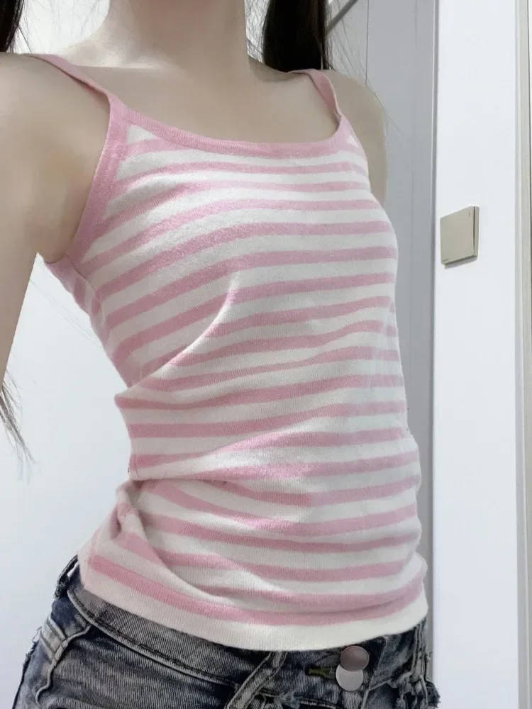 

Fashion Sweet Sexy Pink Striped Camisole Tops Mujer 2025 Summer New Vest for Women Y2k E-Girl Slim Fit Sleeveless Tank Top