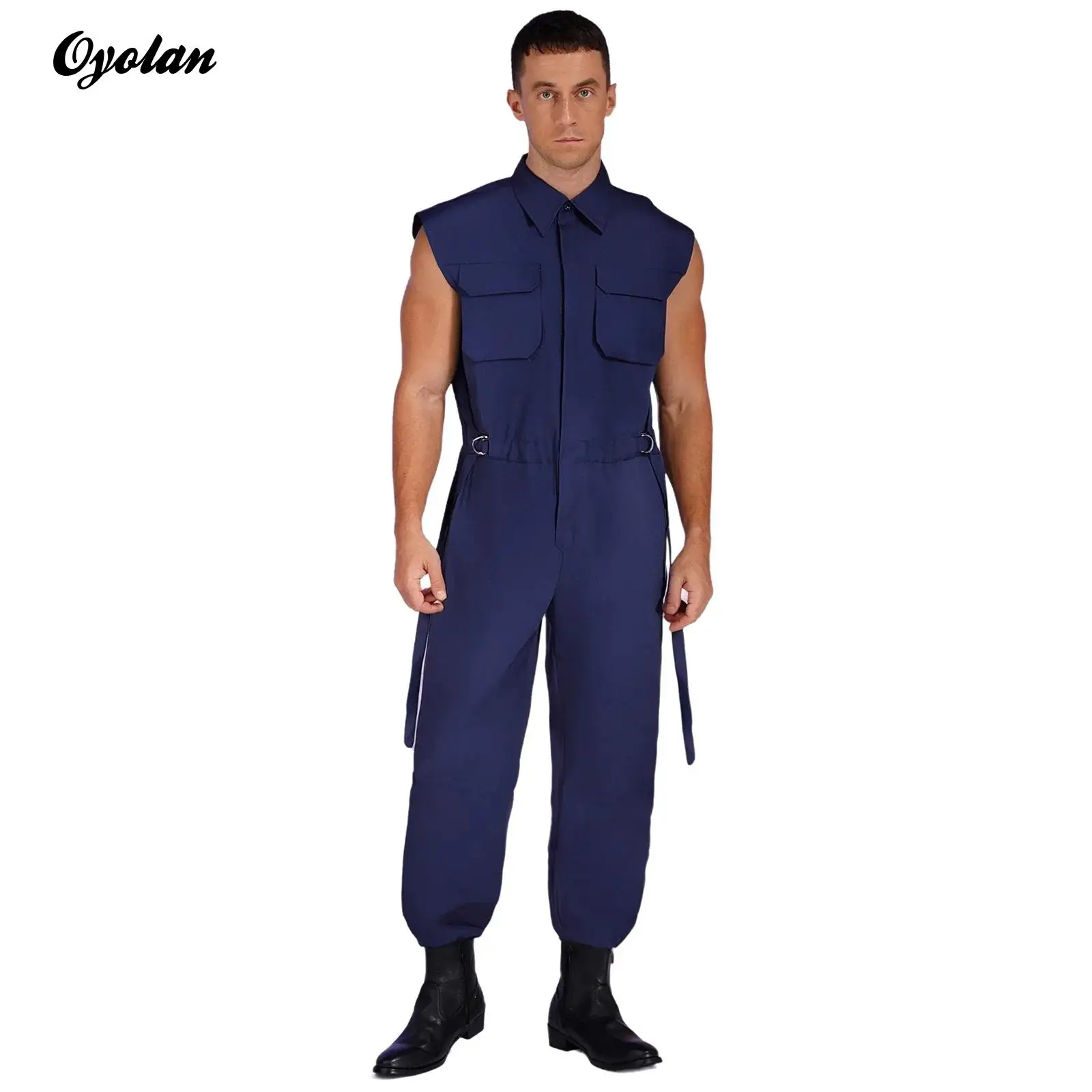 

Mens Resistant Coverall Jumpsuit Workwear Workshop Uniforms Button Buckle Drawstring Waist Bodysuit with Multi-Pocket Workwear