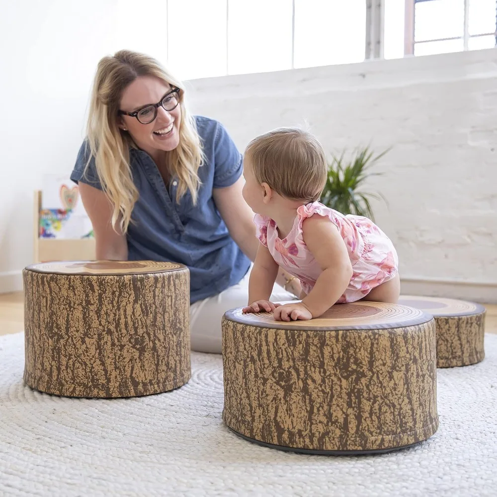 SoftZone-Árvore Stump Stool Set, assentos flexíveis, Chocolate, 3 pcs