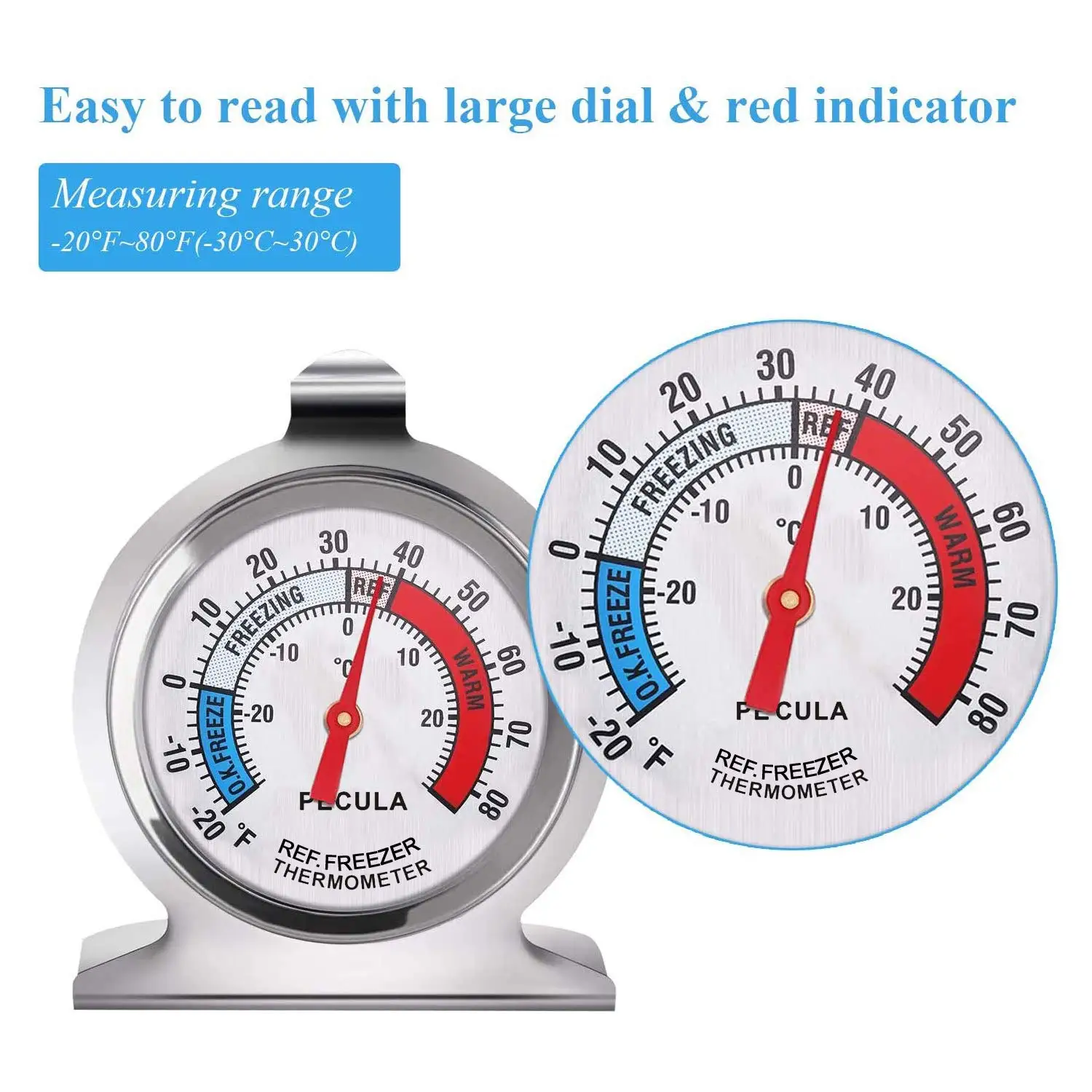 2 Pack Refrigerator Thermometer, -30~30°C/-20~80°, Classic Fridge Analog Thermometer Large  with Red Indicator Thermometer for