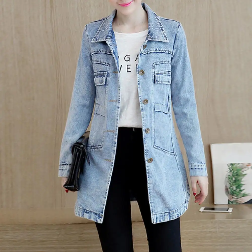 

Women Single Breasted Long Denim Jacket Irregular Hem Mid-Length Turn-Dwon Collar Flap Pockets Ladies Slim Coat Women Outwear