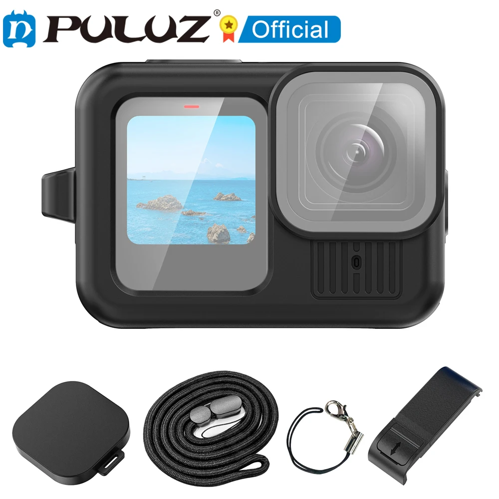 手首ストラップとレンズカバー付きのプルズ側インターフェースカバー、gopro hero13用の黒いシリコン保護ケース