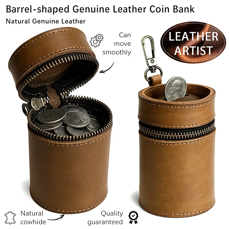 YETTIES Vintage Handmade Top Grain Leather Coin Bank | Large Capacity Round Zipper Pouch Crazy Horse Cash Coin Holder